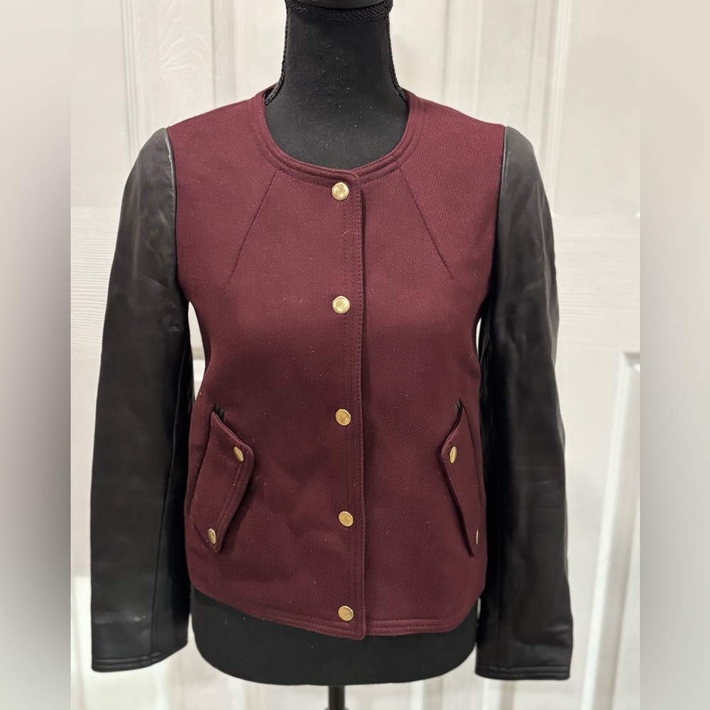CLUB MONACO  Burgundy and Black LEATHER Varsity Jacket SIZE XS/P